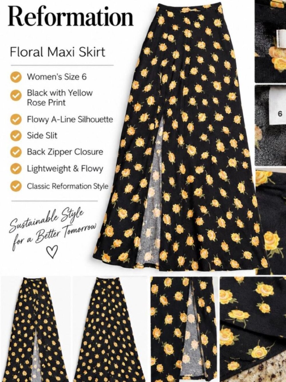 Reformation Zoe Midi Skirt Size 6, Black with Yellow Roses $168 msrp